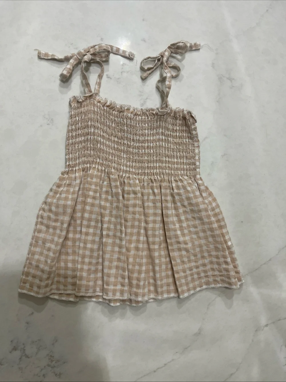 Girls Beige Gingham Set - Smocked Top & Wide-Leg Pants